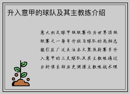 升入意甲的球队及其主教练介绍